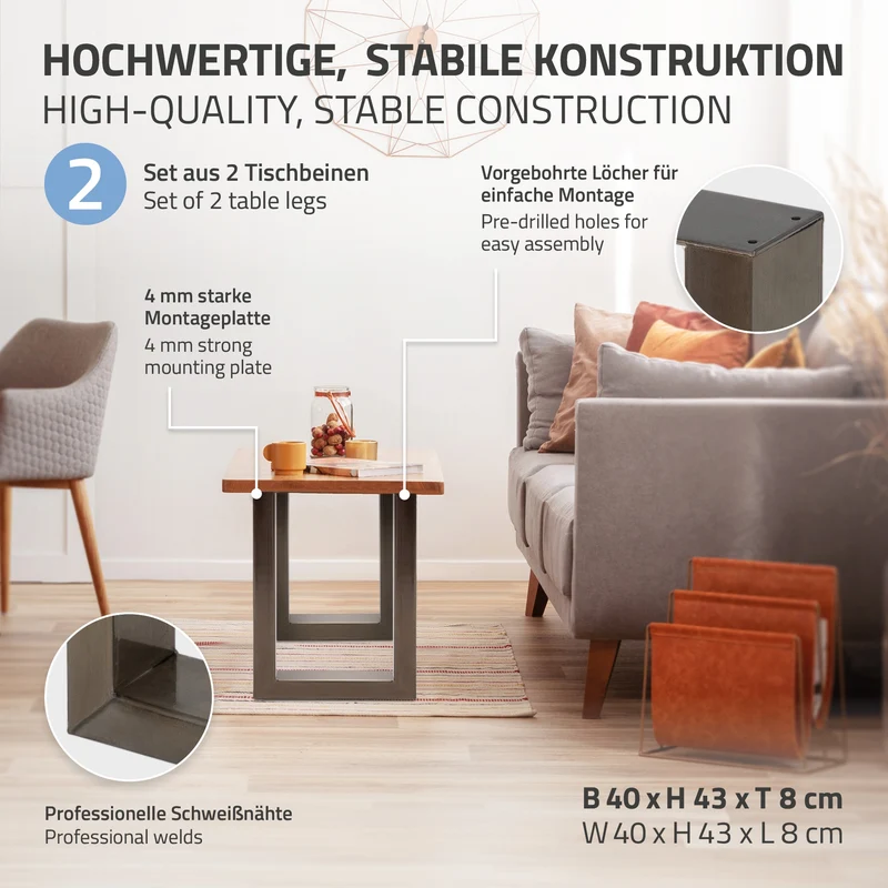 B-Ware Tischbeine Tischgestell 2er Set U-Design 40x43 cm aus Anthrazit Stahl