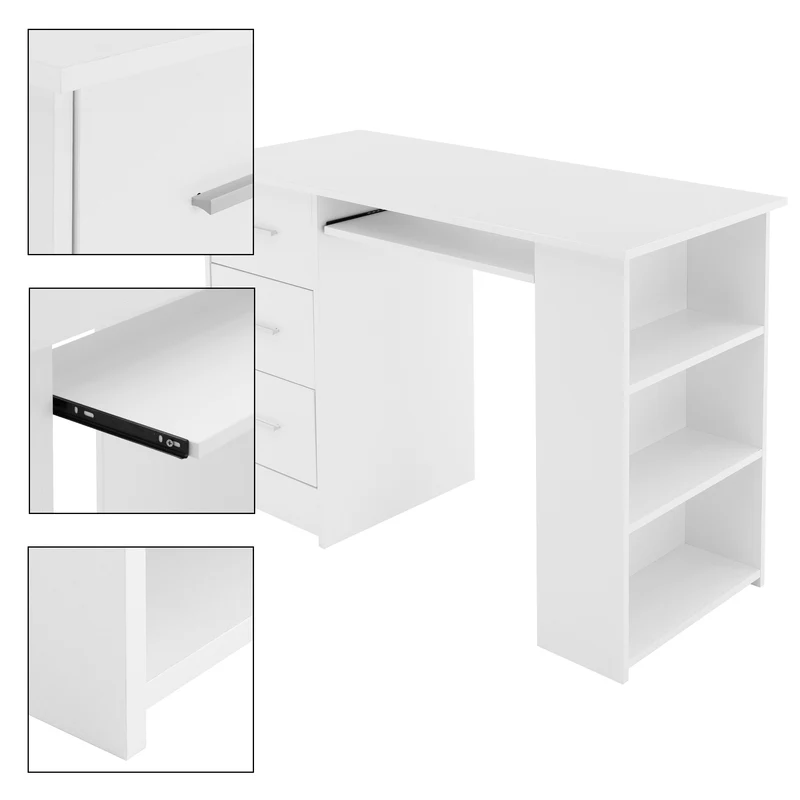 Schreibtisch mit drei Schubladen drei Regale und Tastaturauszug 110x49x75 cm Weiß aus Holz ML-Design
