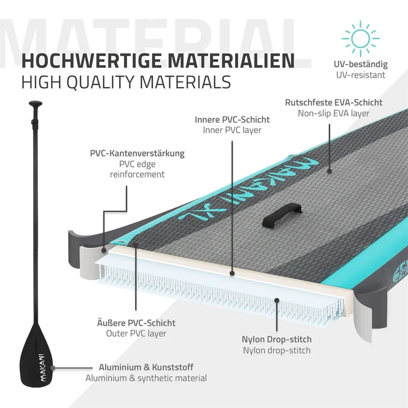 Stand Up Paddle aufblasbares SUP Board Makani XL 380x80x15 cm in Türkis aus PVC inkl. Pumpe und Tragetasche