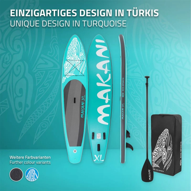 Stand Up Paddle aufblasbares SUP Board Makani XL 380x80x15 cm in Türkis aus PVC inkl. Pumpe und Tragetasche