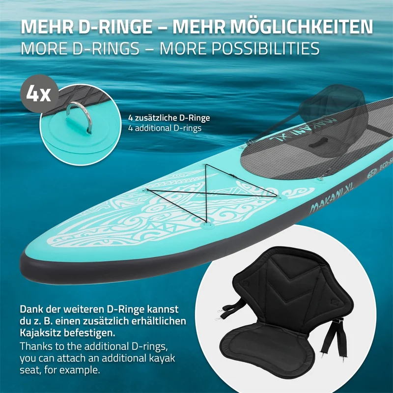Stand Up Paddle aufblasbares SUP Board Makani XL 380x80x15 cm in Türkis aus PVC inkl. Pumpe und Tragetasche