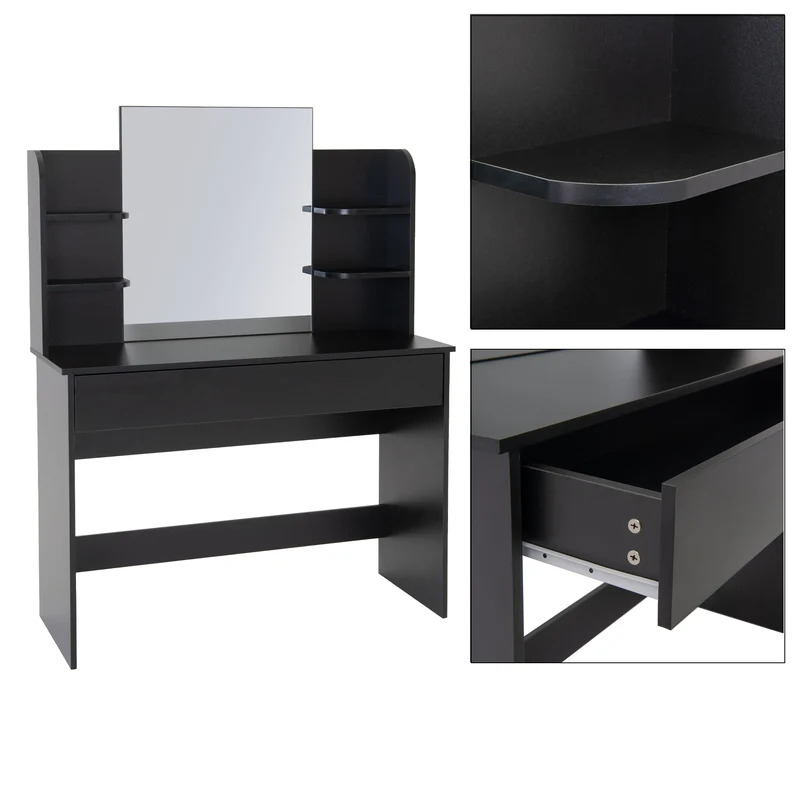 Schminktisch Frisiertisch 108x40x140 cm in Schwarz mit Spiegel, Schublade und Hocker ML-Design