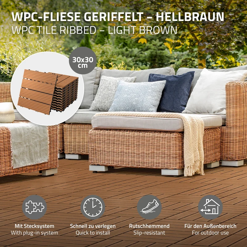 B-Ware Terrassenfliesen 30x30 cm 11er Set für 1m² Hellbraun aus WPC