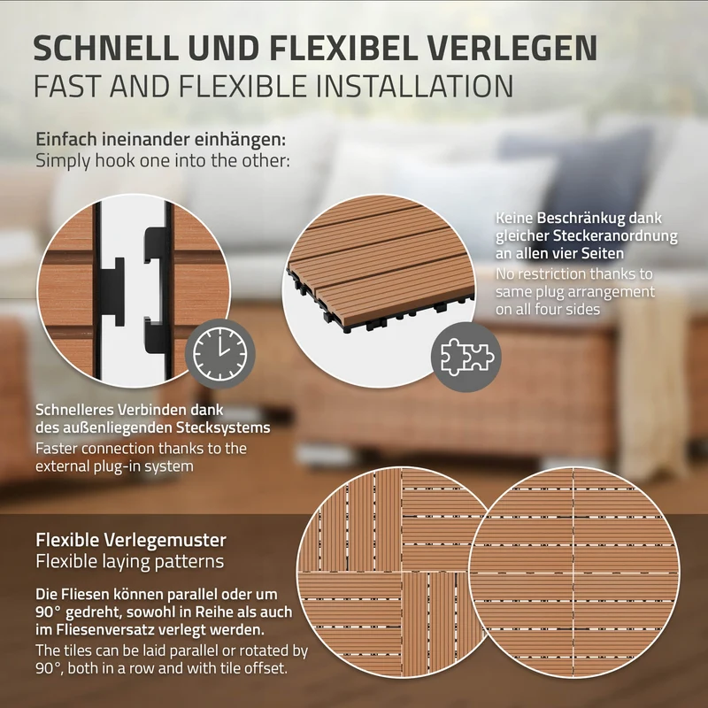 B-Ware Terrassenfliesen 30x30 cm 11er Set für 1m² Hellbraun aus WPC