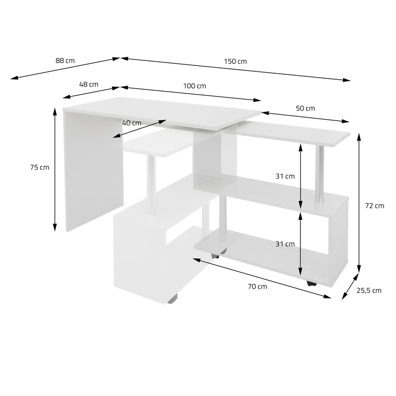 Schreibtisch mit vier Rädern 150x88x75 cm Weiß aus MDF ML-Design
