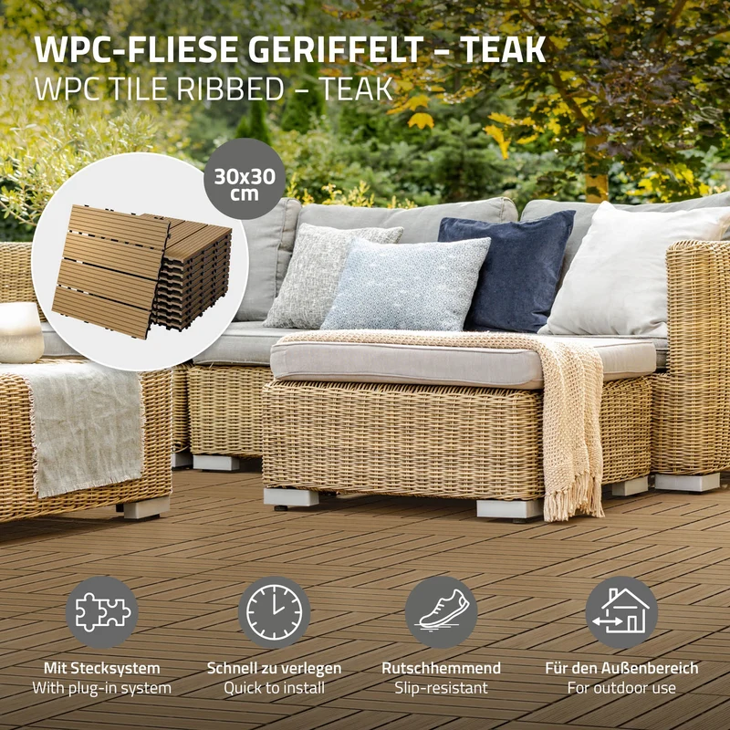 4m² 44 Stück WPC Terrassenfliesen 30x30 cm Teak in Holzoptik Balkon Bodenbelag mit Drainage und Klicksystem Terrassendielen Balkonfliesen