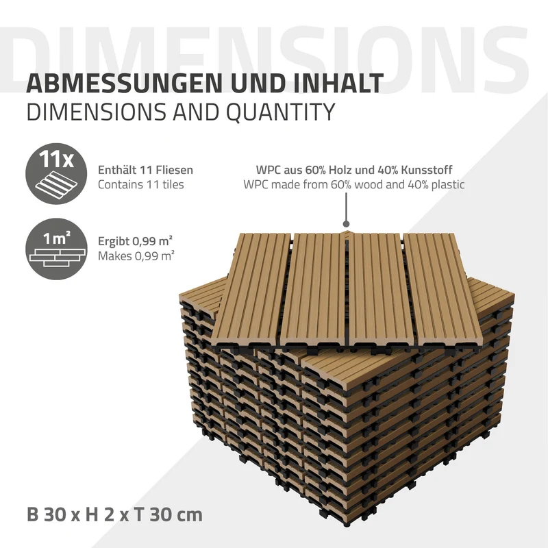 4m² 44 Stück WPC Terrassenfliesen 30x30 cm Teak in Holzoptik Balkon Bodenbelag mit Drainage und Klicksystem Terrassendielen Balkonfliesen