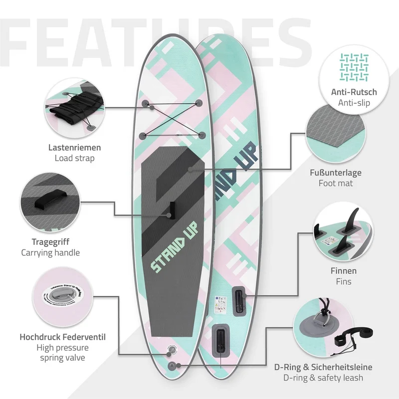 Stand Up Paddle aufblasbares SUP Board 308x78x10 cm in Rosa/Mint aus PVC inkl. Pumpe und Tragetasche