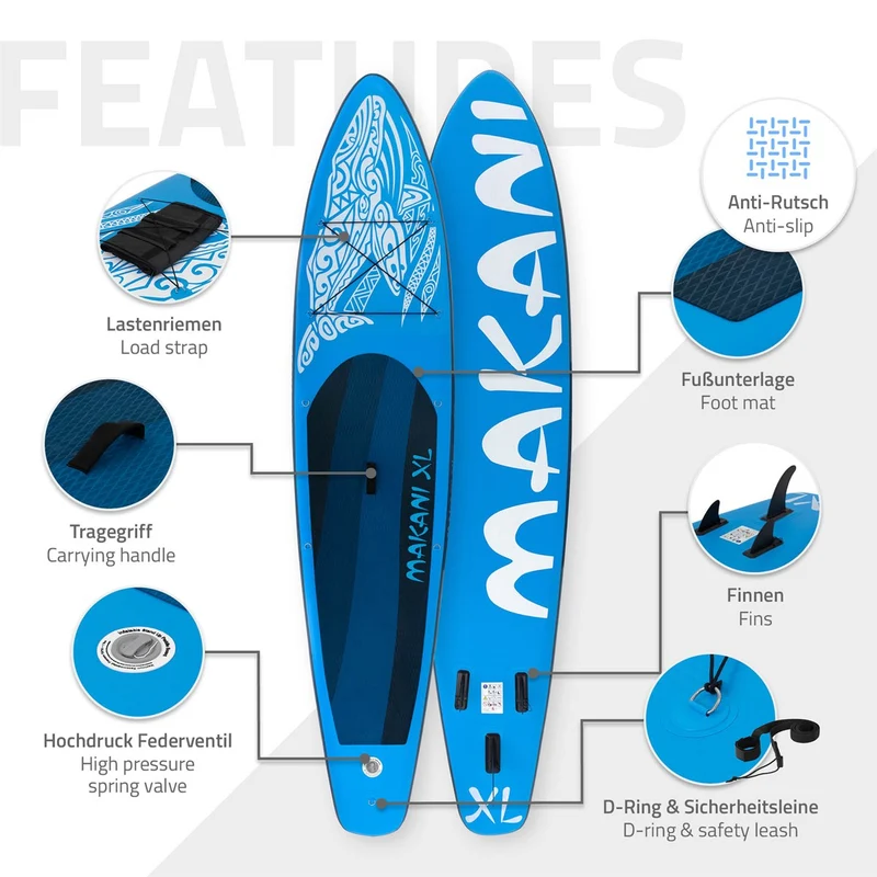 Stand Up Paddle aufblasbares SUP Board Makani XL 380x80x15 cm in Blau aus PVC inkl. Pumpe und Tragetasche
