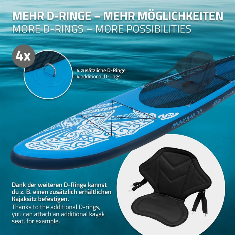Stand Up Paddle aufblasbares SUP Board Makani XL 380x80x15 cm in Blau aus PVC inkl. Pumpe und Tragetasche