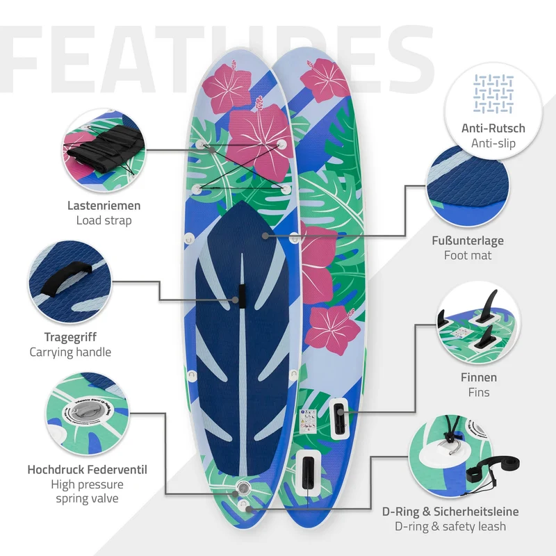 Stand Up Paddle aufblasbares SUP Board Flowers 320x80x15 cm in Blau/Weiß aus PVC inkl. Pumpe und Tragetasche