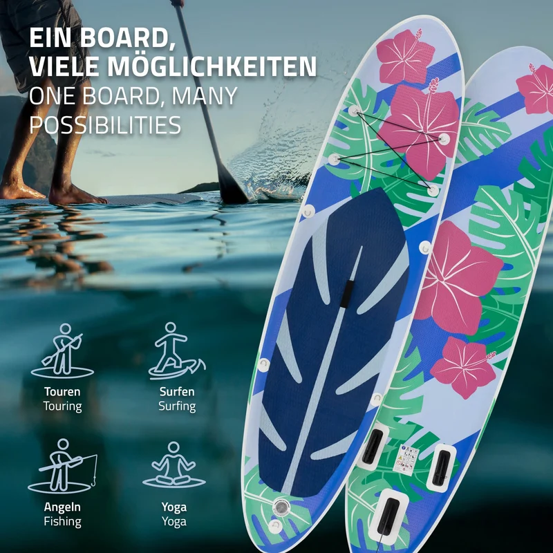 Stand Up Paddle aufblasbares SUP Board Flowers 320x80x15 cm in Blau/Weiß aus PVC inkl. Pumpe und Tragetasche