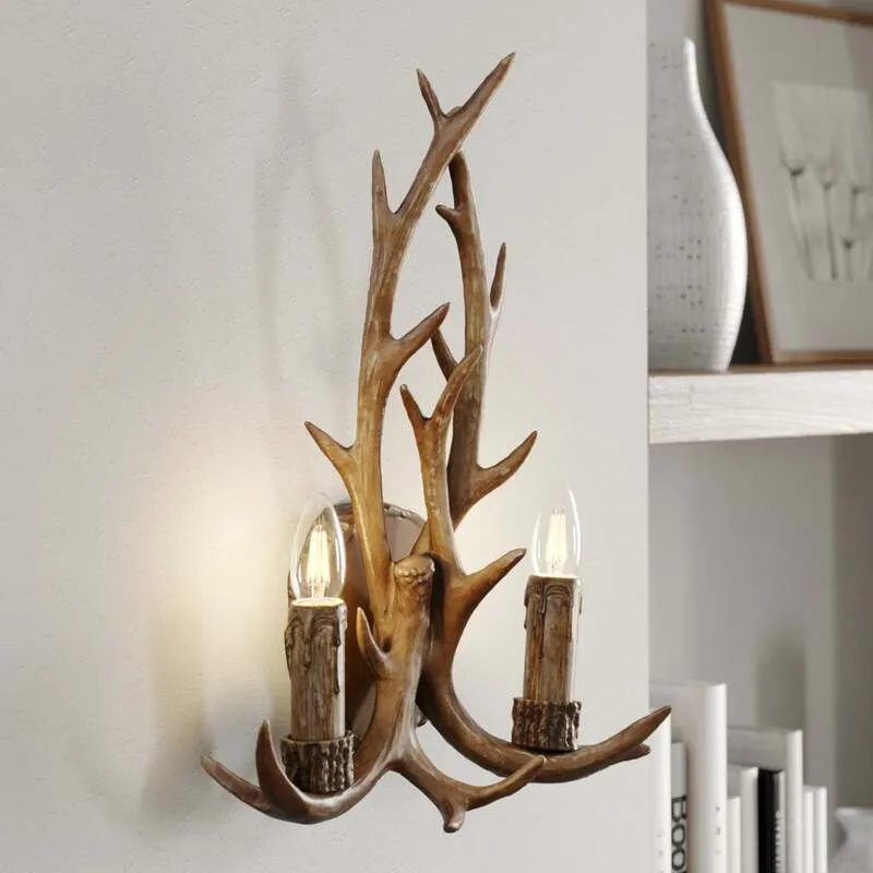 B-Ware Lindby Wandleuchte Fibi LED Wandlampe Geweih 2-flammig dimmbar braun 36x47cm