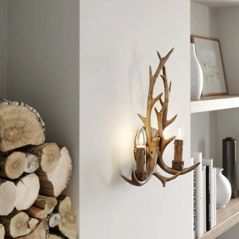 B-Ware Lindby Wandleuchte Fibi LED Wandlampe Geweih 2-flammig dimmbar braun 36x47cm