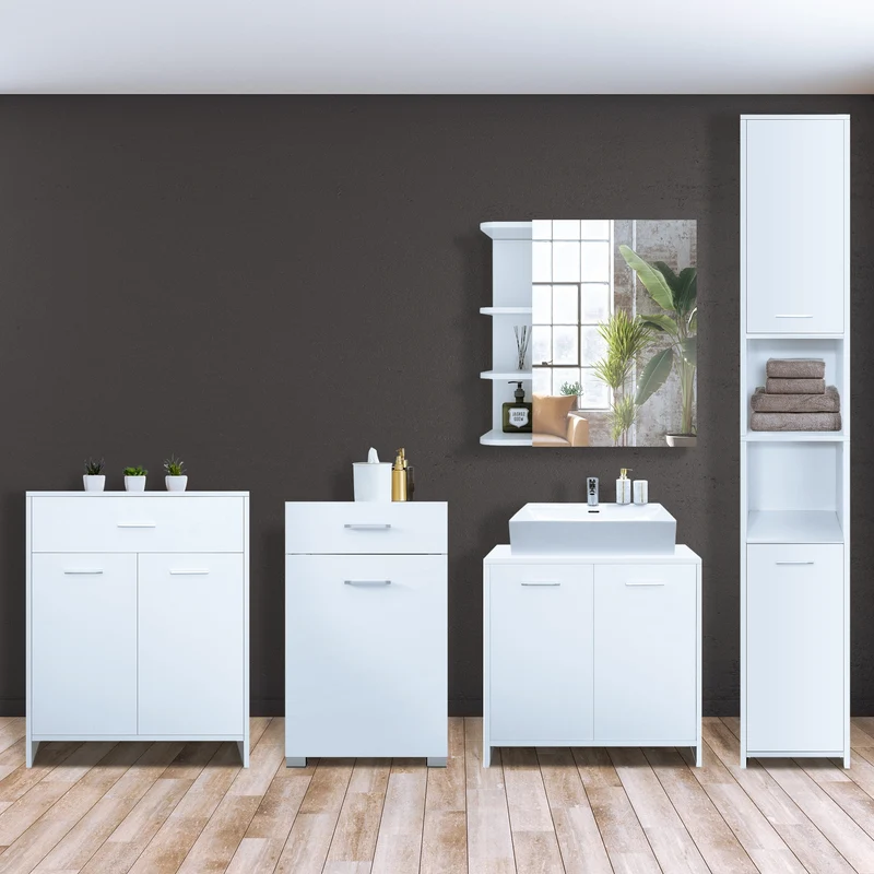 Badmöbel Badezimmermöbel Set 5-Teilig Spiegelschrank Hochschrank Unterschrank Midischrank Wäscheschrank in Weiß ML-Design