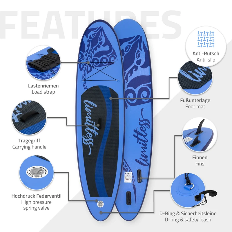 Stand Up Paddle aufblasbares SUP Board Limitless 308x76x10 in Blau aus PVC inkl. Pumpe und Tragetasche