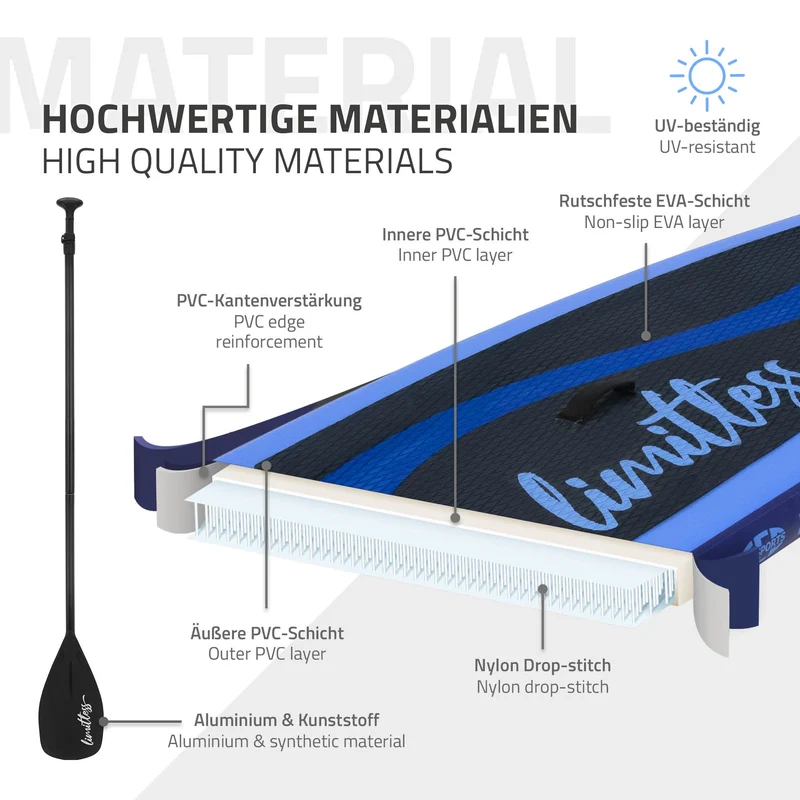 Stand Up Paddle aufblasbares SUP Board Limitless 308x76x10 in Blau aus PVC inkl. Pumpe und Tragetasche