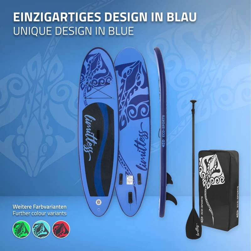 Stand Up Paddle aufblasbares SUP Board Limitless 308x76x10 in Blau aus PVC inkl. Pumpe und Tragetasche