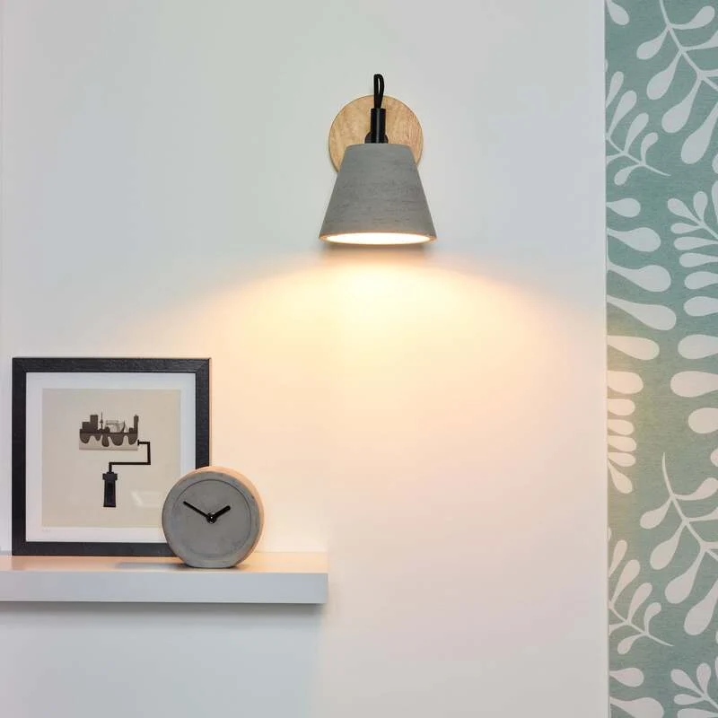 B-Ware Lucide Wandleuchte Possio LED Wandlampe Beton Holz dimmbar hellgrau schwarz