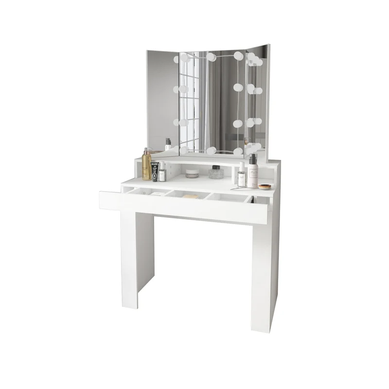 Schminktisch Frisiertisch 89,5x155x43,5 cm in Weiß mit LED Beleuchtung 3-tlg, Spiegel, Schublade & 3 Fächer ML-Design