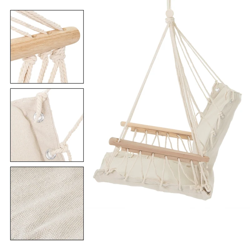 Hängesessel mit Armlehnen und Gestell 210 cm Natur aus Baumwolle und Holz