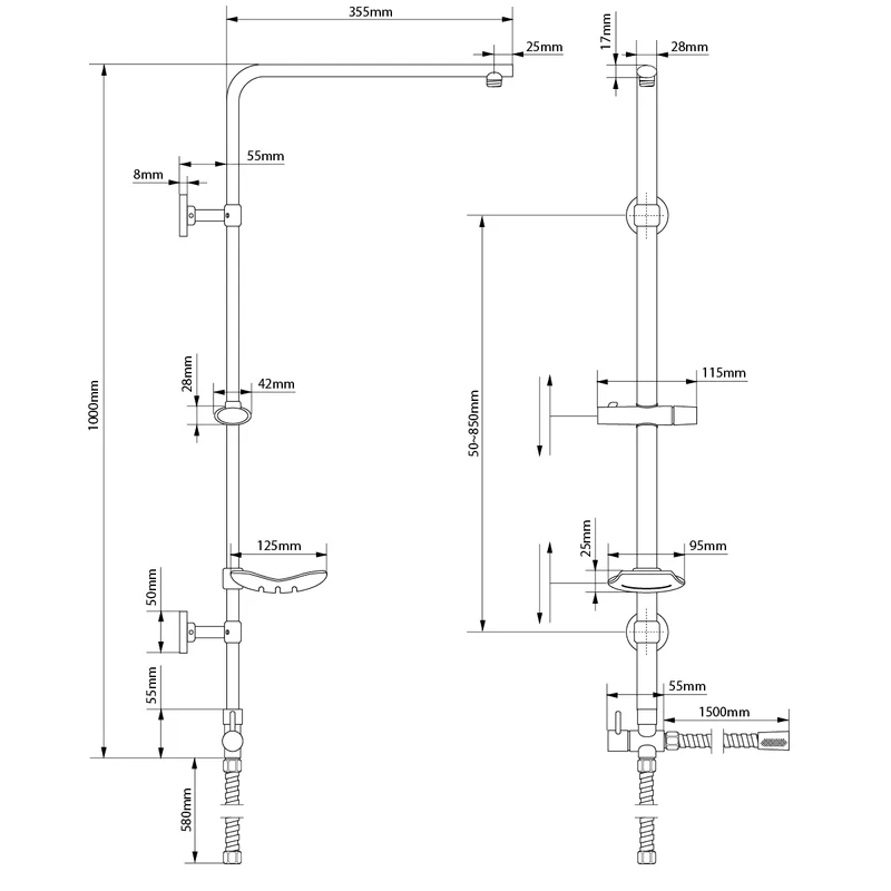 Duscharmatur 105 cm chrom für Regenduschen Oval