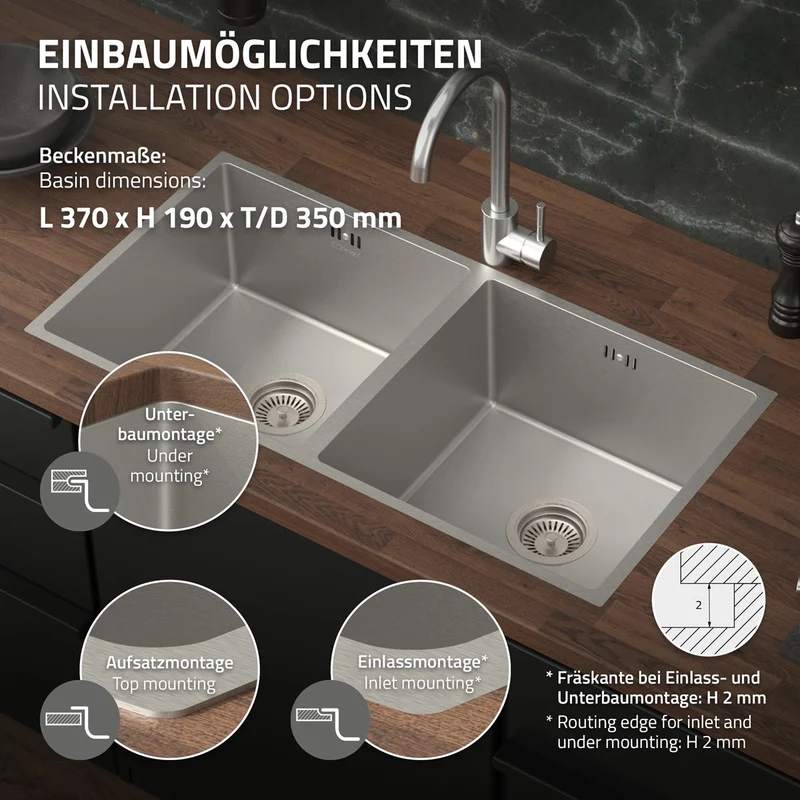 Einbauspüle mit Doppelbecken Silber Küchenspüle mit Ab- und Überlaufgarnitur aus Edelstahl ML-Design