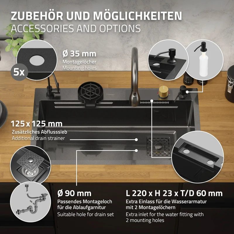 Einbauspüle mit Wasserhahn Komplett Set 8-teilig Anthrazit 80x46 cm aus Edelstahl ML-Design
