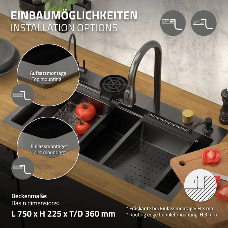Einbauspüle mit Wasserhahn Komplett Set 8-teilig Anthrazit 80x46 cm aus Edelstahl ML-Design