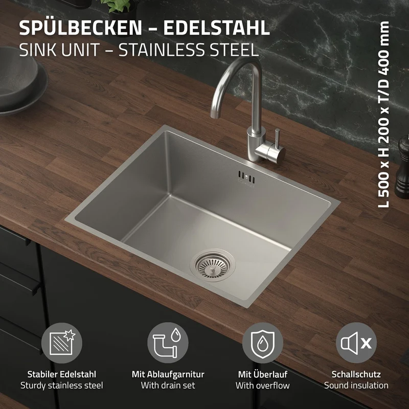 Einbauspüle 50x40 cm Silber mit Ablaufgarnitur und Überlauf aus Edelstahl ML-Design