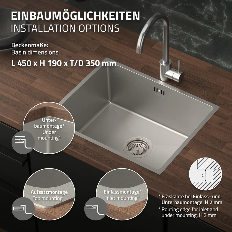Einbauspüle 50x40 cm Silber mit Ablaufgarnitur und Überlauf aus Edelstahl ML-Design