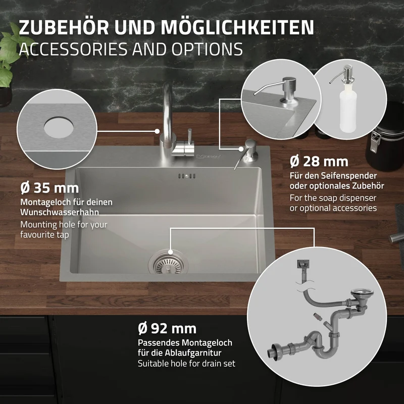 Einbauspüle 55x45 cm Silber mit Ablaufgarnitur und Seifenspender Küchenspüle aus Edelstahl ML-Design