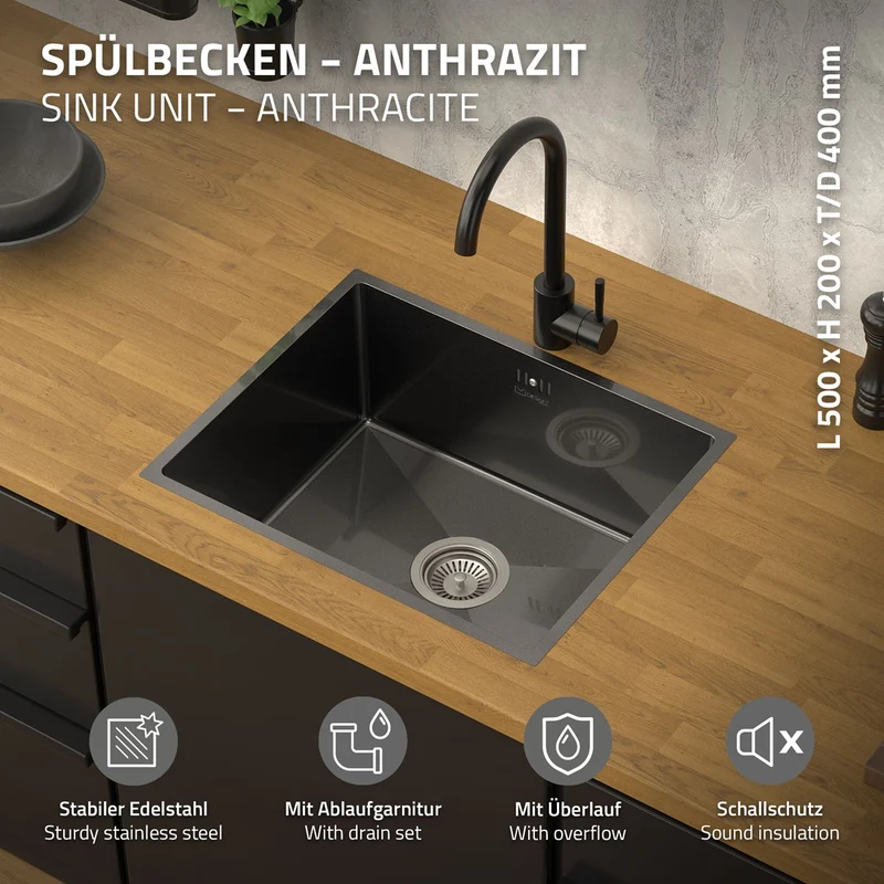 Einbauspüle 50x40 cm Anthrazit mit Ablaufgarnitur und Überlauf aus Edelstahl ML-Design