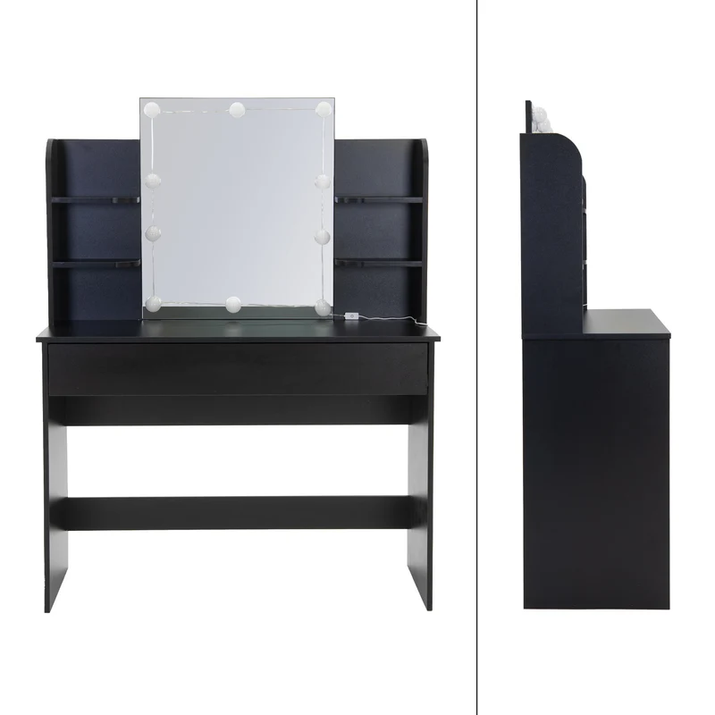 Schminktisch Frisiertisch 108x40x140 cm in Schwarz mit LED Beleuchtung, Spiegel, Schublade & 6 Ablagen ML-Design