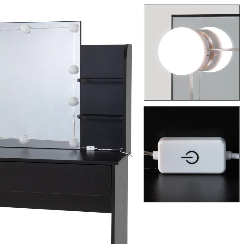 Schminktisch Frisiertisch 108x40x140 cm in Schwarz mit LED Beleuchtung, Spiegel, Schublade & 6 Ablagen ML-Design