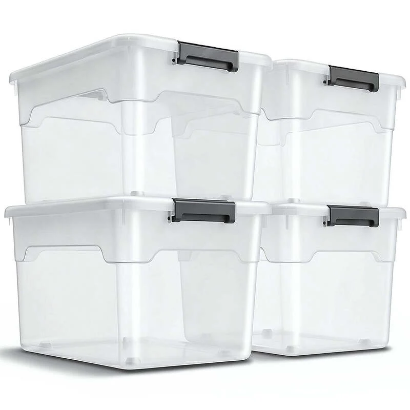 B-Ware Aufbewahrungsbox mit Deckel Kunststoffboxen Organizer 60L 4er Set weiß grau
