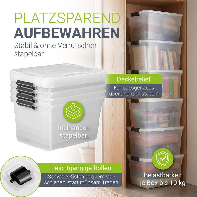 B-Ware Aufbewahrungsbox mit Deckel Kunststoffboxen Organizer 60L 4er Set weiß grau