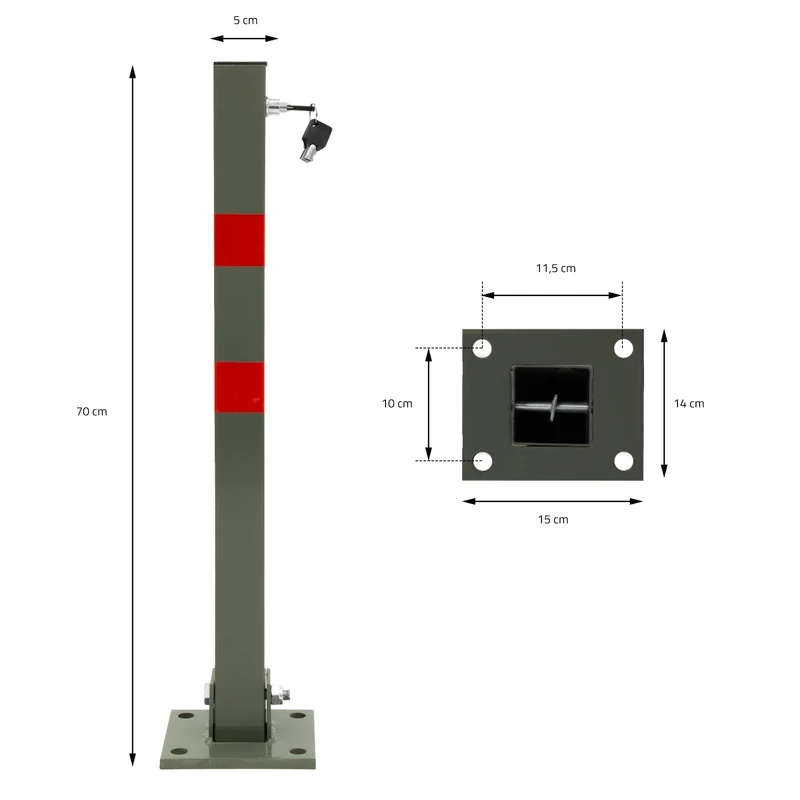 3er Set Parkplatzsperre 70 cm eckig mit Roten Warnstreifen und 3 Schlüssel aus Stah