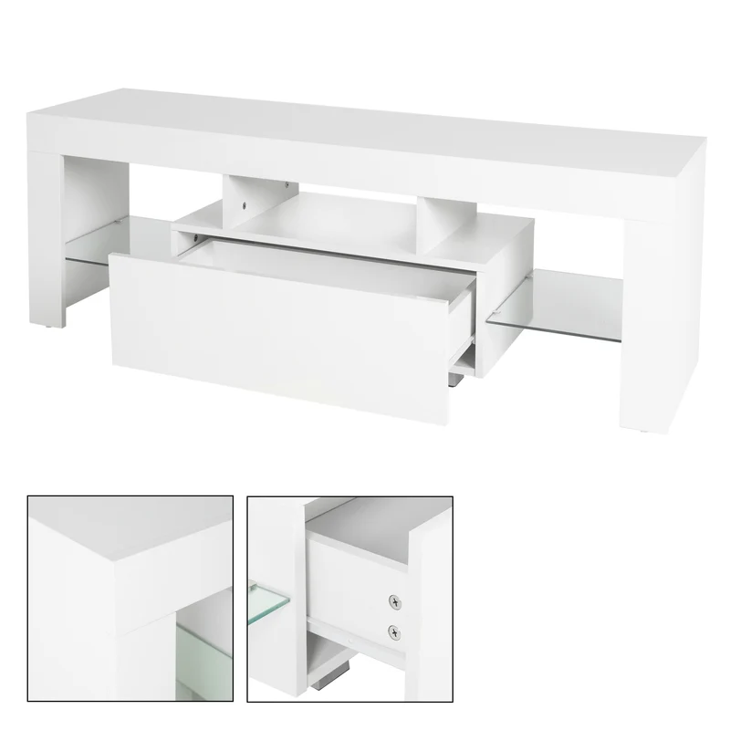 B-Ware TV Lowboard mit LED-Beleuchtung 130x49x45 cm Weiß inkl. Glasregal ML-Design