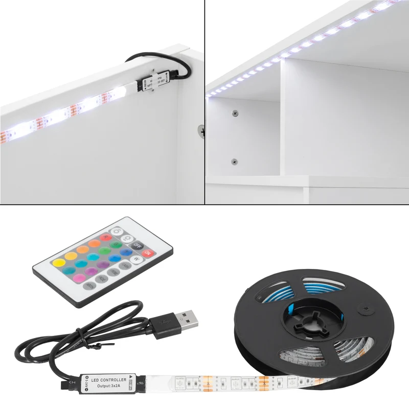 B-Ware TV Lowboard mit LED-Beleuchtung 130x49x45 cm Weiß inkl. Glasregal ML-Design