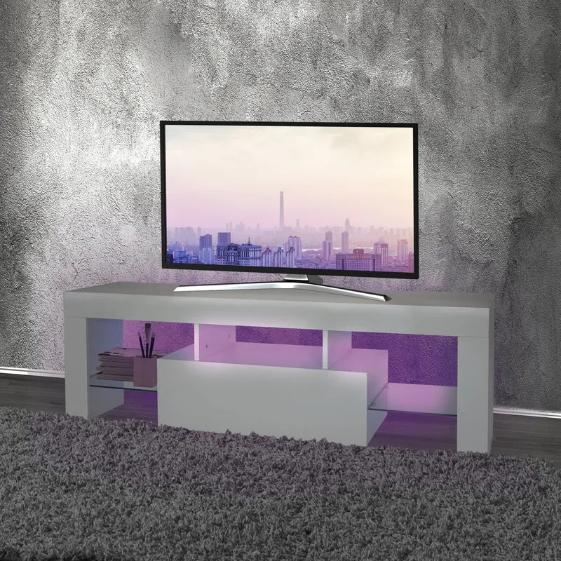 B-Ware TV Lowboard mit LED-Beleuchtung 130x49x45 cm Weiß inkl. Glasregal ML-Design