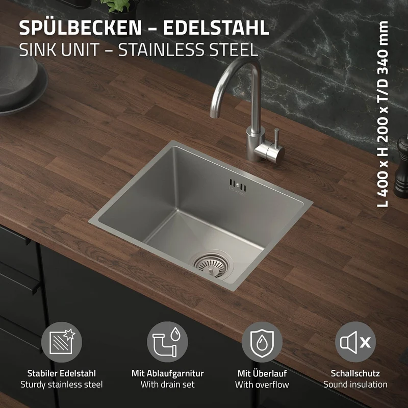 Einbauspüle 34x40 cm Silber mit Ablaufgarnitur und Überlauf aus Edelstahl ML-Design