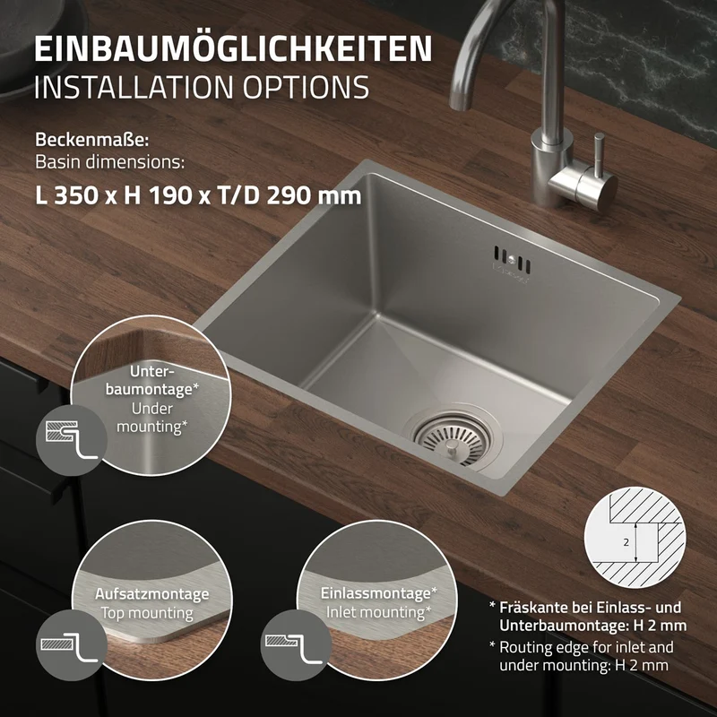 Einbauspüle 34x40 cm Silber mit Ablaufgarnitur und Überlauf aus Edelstahl ML-Design