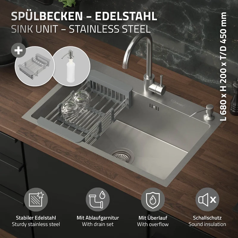 Einbauspüle 68x45 cm Silber mit Ablaufgarnitur und Seifenspender Küchenspüle aus Edelstahl ML-Design