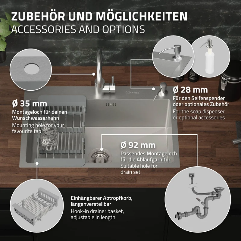 Einbauspüle 68x45 cm Silber mit Ablaufgarnitur und Seifenspender Küchenspüle aus Edelstahl ML-Design