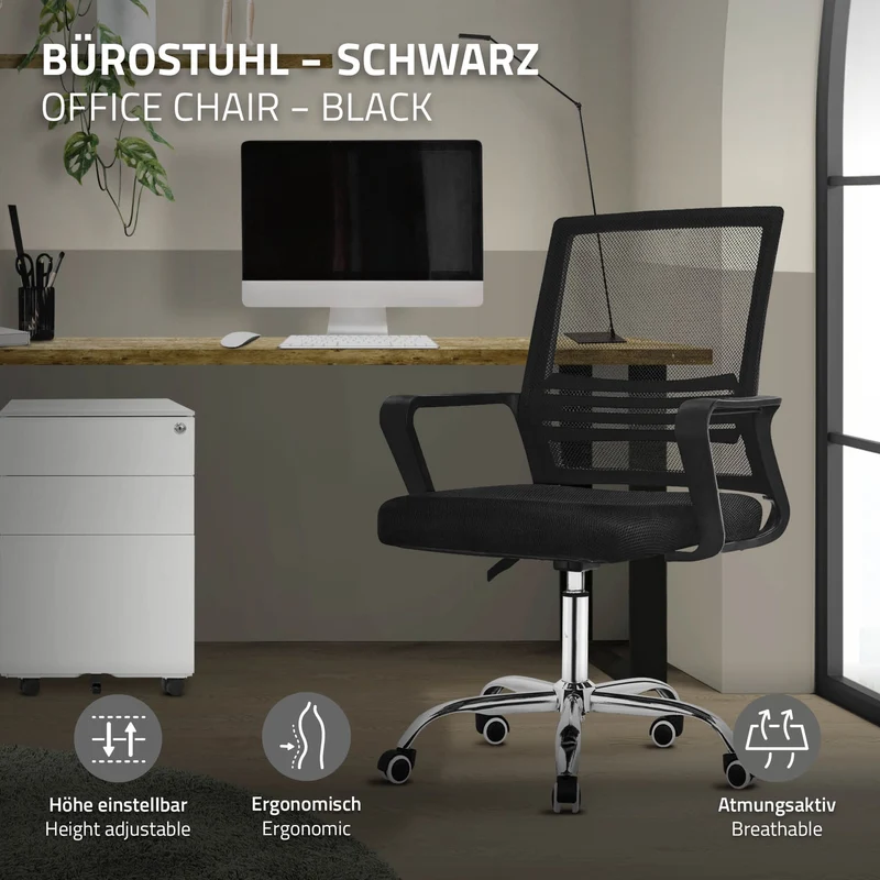 Bürostuhl ergonomisch, Schwarz, Schreibtischstuhl höhenverstellbar mit Armlehnen, Rollen, Computerstuhl 360° Drehstuhl Gaming Stuhl ML-Design