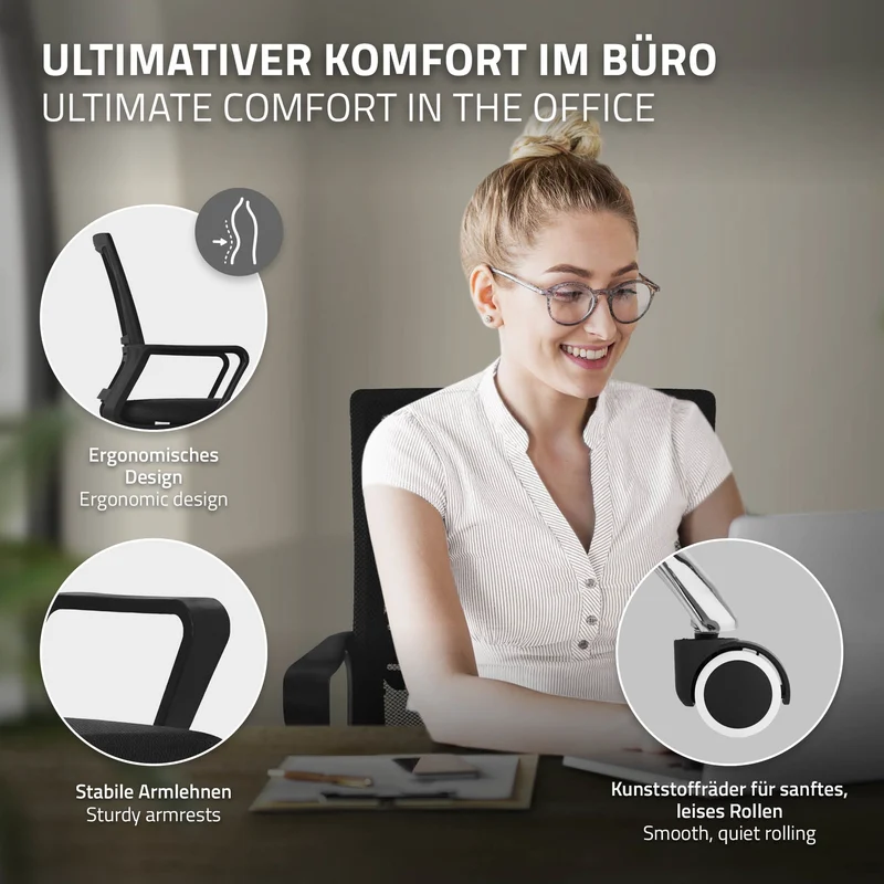 Bürostuhl ergonomisch, Schwarz, Schreibtischstuhl höhenverstellbar mit Armlehnen, Rollen, Computerstuhl 360° Drehstuhl Gaming Stuhl ML-Design