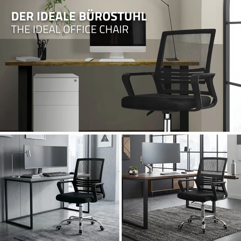 Bürostuhl ergonomisch, Schwarz, Schreibtischstuhl höhenverstellbar mit Armlehnen, Rollen, Computerstuhl 360° Drehstuhl Gaming Stuhl ML-Design