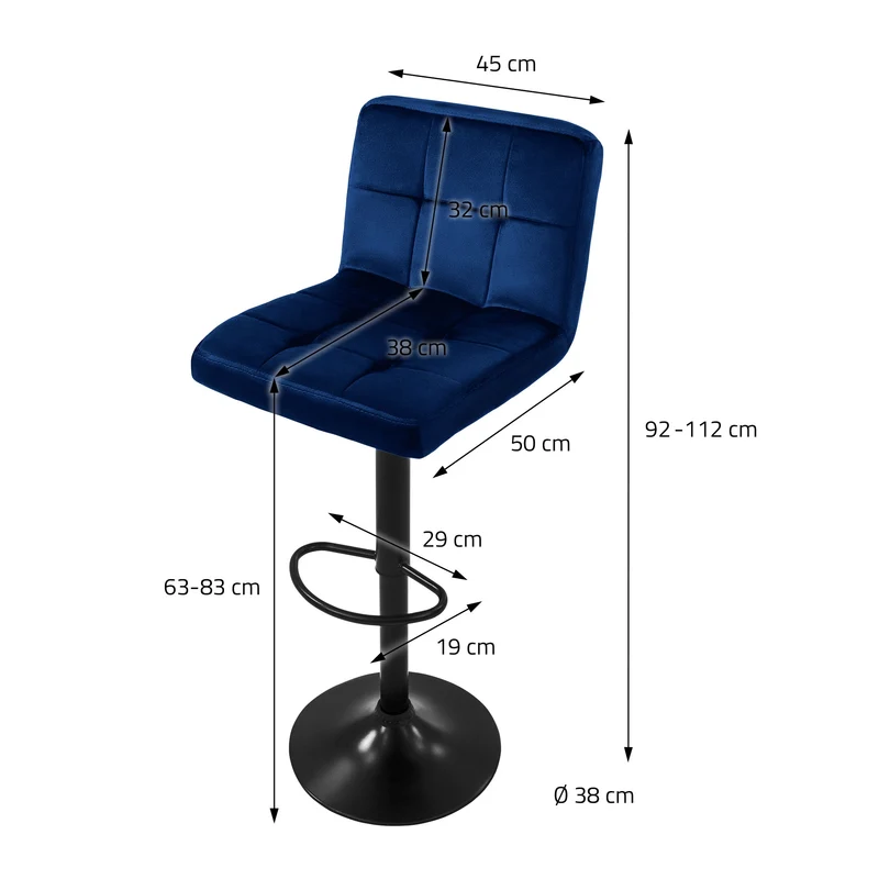 B-Ware Barhocker 2er Set Blau Samtbezug mit Rückenlehne und Fußstütze höhenverstellbar 63-83cm ML-Design