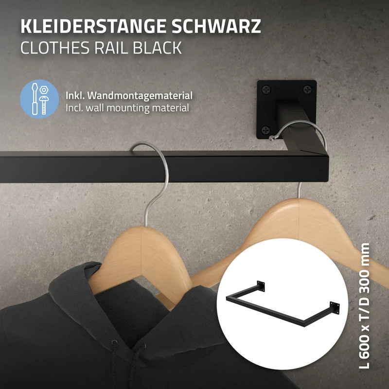 2er Set Kleiderstange Garderobe Wandmontage 30 x 60 cm Schwarz aus Stahl ML-Design